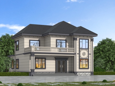 中式独栋别墅  二层中式别墅  自建房别墅su模型