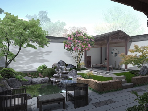 中式庭院假山叠水+效果图cad施工图