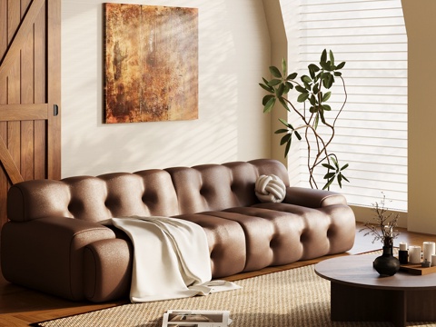 现代多人沙发 皮革休闲沙发su模型