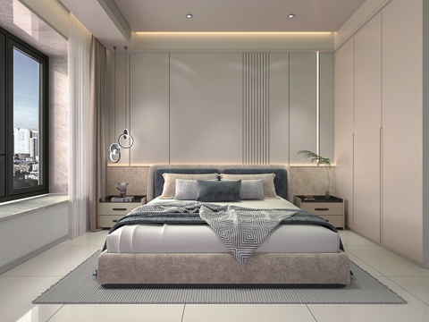  现代飘窗卧室 双人床 床头柜 衣柜3d模型 