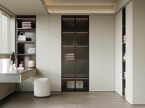 现代衣帽间 L型衣柜 梳妆台su模型