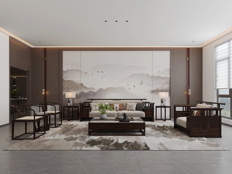  新中式家装家居客厅沙发背景3d模型 