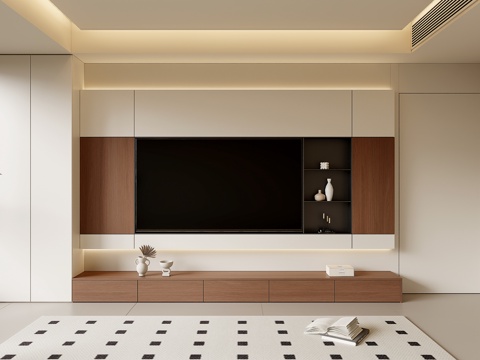 现代奶油中古风客厅电视背景墙 电视背景墙阳台柜 隐形门电视墙su模型