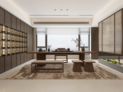  新中式家装茶室品茗区3d模型 