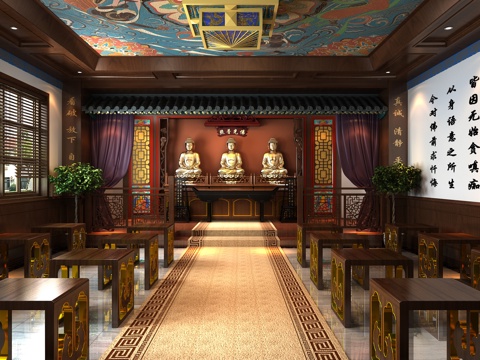  新中式寺庙佛堂 祠堂 佛像 桌椅3d模型 