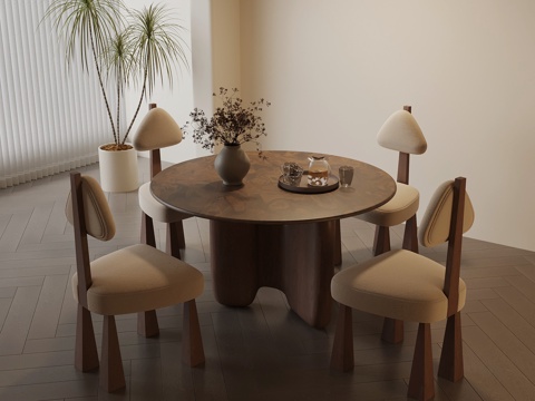 中古风餐桌椅 圆桌su模型