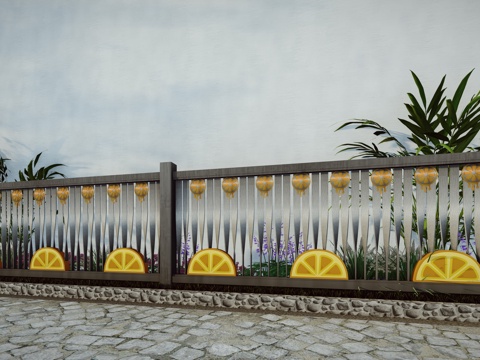 现代生态户外蔬果田园木质葡萄栏杆柑橘围栏护栏彩色水果创意栅栏su模型