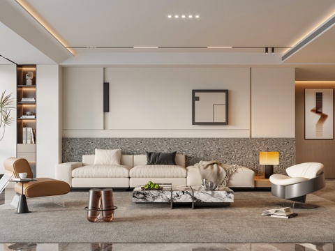  现代意式家居客厅 沙发茶几组合 沙发背景墙 无主灯客厅3d模型 