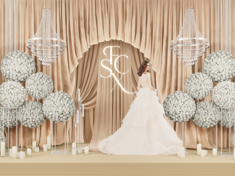 小众香槟色布幔造型婚礼美陈花艺su模型