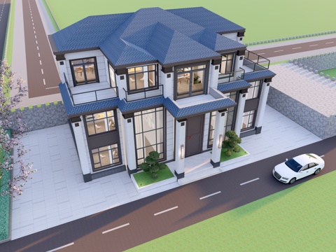 新中式独栋别墅su模型