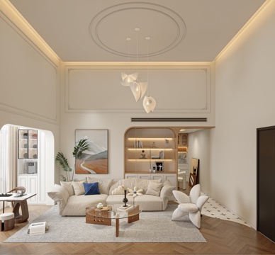  奶油风法式挑空客厅3d模型 