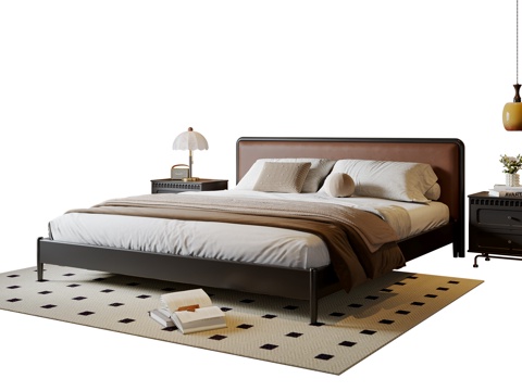  法式双人床 实木双人床 床头柜 吊灯 地毯3d模型 