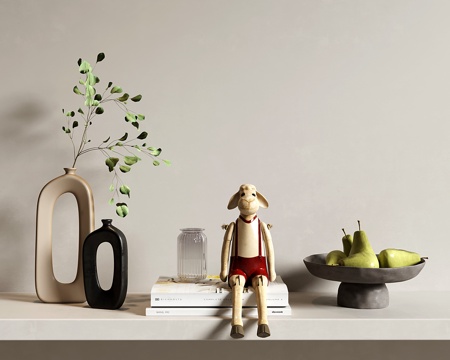 现代奶油风饰品摆件 花艺 水果盘 小羊玩偶su模型