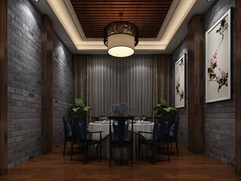  中式餐厅包间 餐桌椅 吊灯 挂画3d模型 
