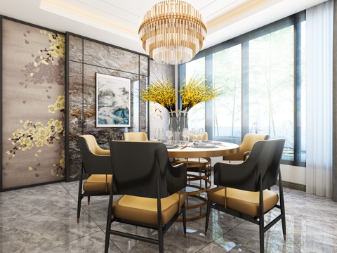  新中式餐厅 包厢  吊灯 餐桌 屏风 水池3d模型 