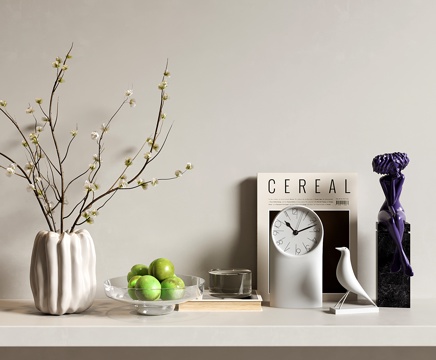 现代奶油风饰品摆件 钟表 花艺 水果盘 人形雕塑su模型