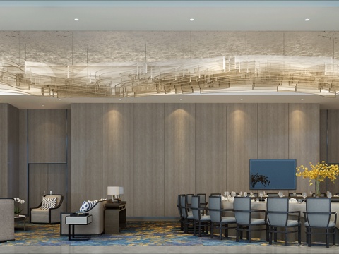  新中式餐厅包间 餐桌椅 吊灯3d模型 