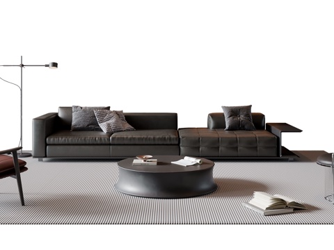 现代意式沙发茶几组合 皮质沙发 多人沙发 休闲椅 落地灯su模型