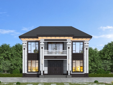 新中式独栋别墅 自建房别墅su模型