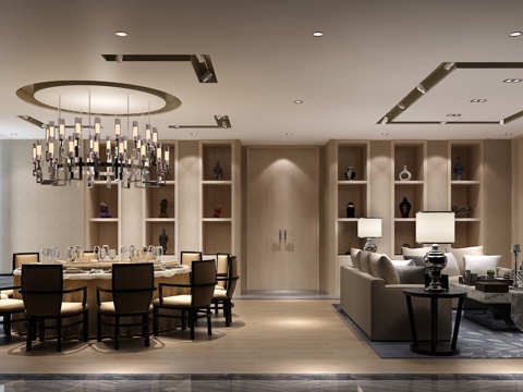  新中式餐厅 吊灯 餐桌椅 沙发 茶几 酒柜3d模型 