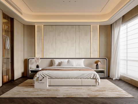  轻奢卧室 轻奢双人床 书架 简约双人床  床尾凳 卧室背景墙3d模型 