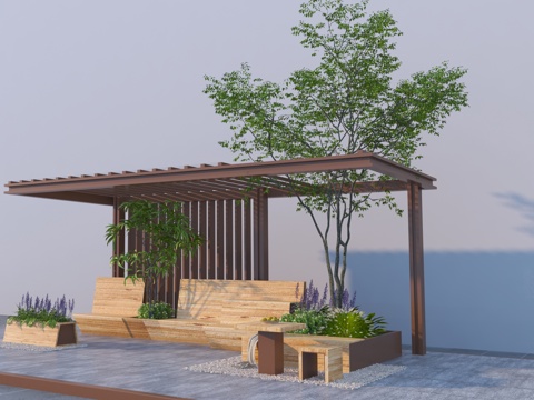  现代景观坐凳 木材 长条形3d模型 