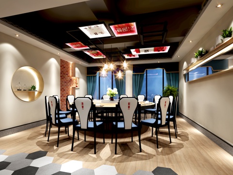  新中式餐厅 餐桌椅 吊灯3d模型 