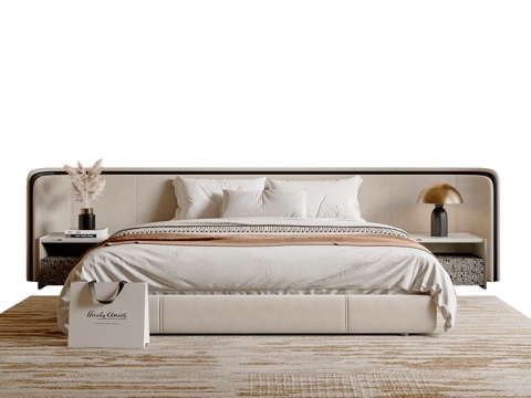  现代简约双人床 布艺床 主卧双人床 床头柜 台灯3d模型 