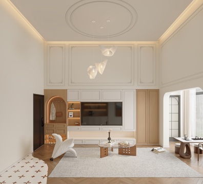  奶油风法式挑空客厅3d模型 