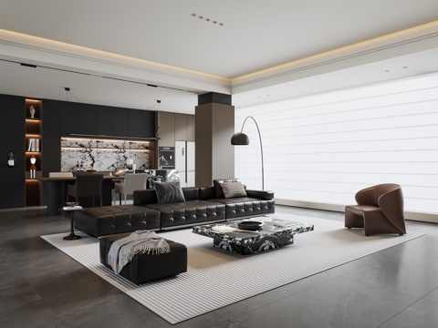 现代意式客餐厅 沙发茶几 餐桌椅 吊灯 餐边柜 酒柜su模型