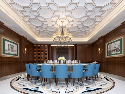  其他混搭餐厅包厢 餐桌椅 酒柜 吊灯 窗帘3d模型 