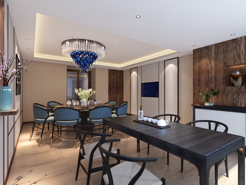  现代新中式餐厅包厢 新中式桌椅 水晶吊灯3d模型 