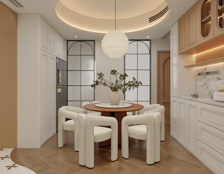  奶油风法式圆桌餐厅3d模型 