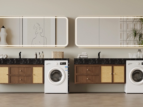 中古风浴室柜 洗衣机柜su模型