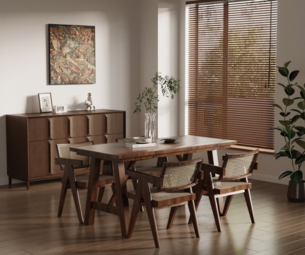 中古风餐厅 餐桌椅组合 餐边柜 绿植su模型