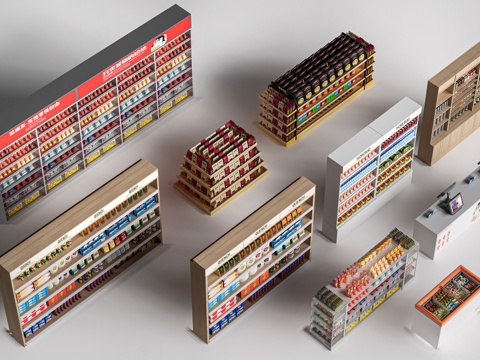 现代超市货架 零食店货架 置物架 文创展架su模型