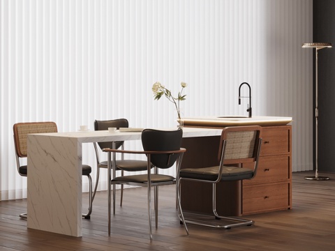 中古风岛台 餐桌椅su模型