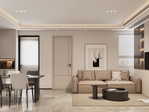  现代客餐厅 现代酒柜 现代沙发 现代餐桌 无主灯吊顶3d模型 