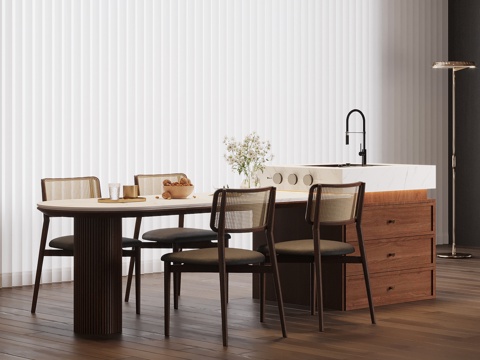  中古风岛台 餐桌椅3d模型 