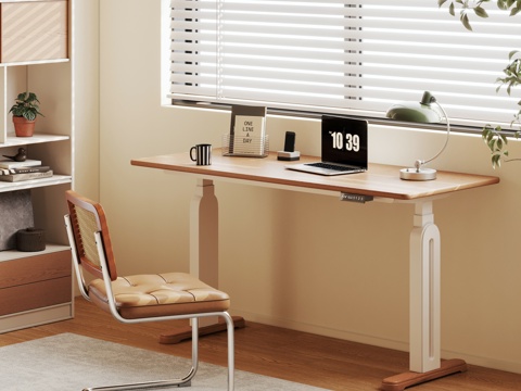  实木升降书桌 原木风升降书桌 奶油风书桌3d模型 