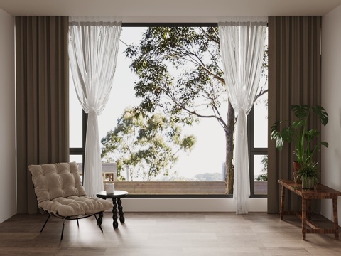 现代窗帘 休闲椅 绿植su模型