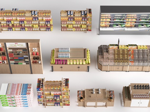 现代超市货架 零食店货架 置物架 文创展架su模型