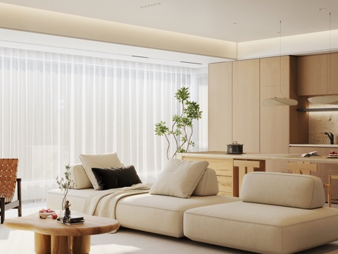  奶油风大平层客餐厅 原木风客餐厅3d模型 