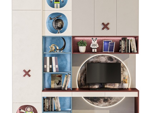  儿童衣柜内置玩具区与工作区3d模型 