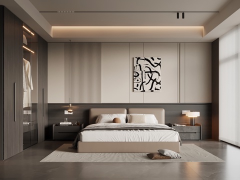 意式极简卧室 主卧 双人床 衣柜su模型