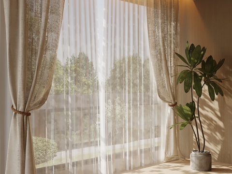 现代奶油风窗帘 布帘 纱帘su模型