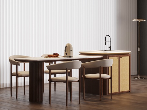 中古风岛台 餐桌椅su模型