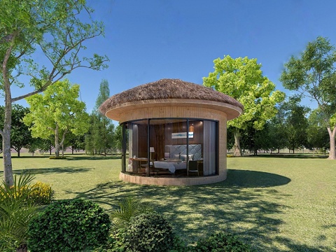 新中式民宿建筑 阳光房 茅草屋 木制 异形su模型