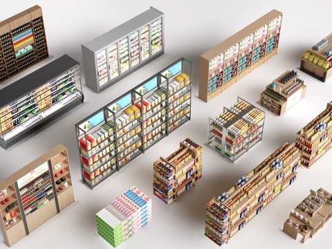 现代超市货架 零食店货架 置物架 文创展架su模型