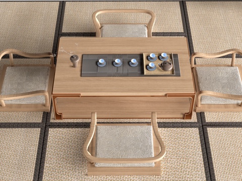 日式榻榻米茶桌 榻榻米座椅 茶室桌椅 榻榻米茶台su模型